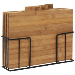 Cook Concept Juego de 4 Tablas de Cortar de Bambú con Pictogramas de Carne, Pescado, Ave y Verdura y Soporte Metálico