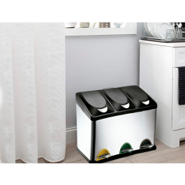 Q-connect Papelera Contenedor Metálica con Tapa de Plástico y Pedal, 3 Depósitos, 45L, 605x340x485 mm