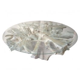 DKD Home Decor Mesa Comedor Balines Indonesia 1c24 Blanco Raíz de Teca 160x160x76 cm
