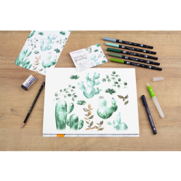 Tombow Set Watercoloring Greenery 9 Piezas con Rotuladores ABT-098, 228, 249, 312, N52 y Calibrado 01