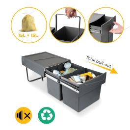 Emuca Contenedor de reciclaje para fijación inferior y extracción manual en mueble de cocina 2x15litros, Plástico gris antracita