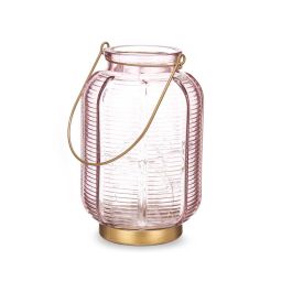 Farol LED Rayas Alto Rosa Giftdecor 13.5x22x13.5 cm, Vidrio, Oro, 20LED (6 Unidades)
