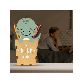 Wondee Cubilete Portalápices Personalizable Dino Madera para Escritorio Infantil 180x80x100 mm