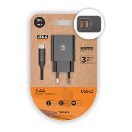 Tech One Tech Cargador rápido doble 2,4 A con cable USB-C nylon negro 1 m