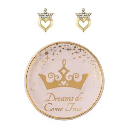 PEERS HARDY Pendientes Corazón Chapados en Oro con Plato Princesa 'Dream Do Come True' y Corona a Juego