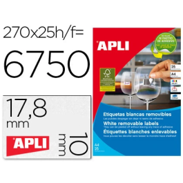 Apli 10197 Etiquetas Adhesivas 17,8x10 mm Removible para Fotocopiadora Láser Ink-Jet Caja 25 Hojas Precio: 11.58999952. SKU: BIX10197