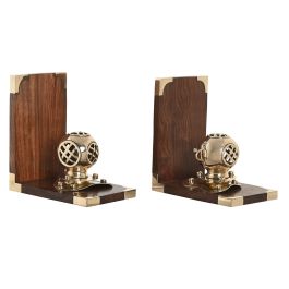 DKD Home Decor Sujetalibros Vintage Dorado Marron Oscuro Laton Sheesham Set de 2 10 x 16 x 30 cm
