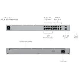 Ubiquiti USW-16-POE Gen 2 Switch PoE 16 Puertos RJ45 Gigabit, 2 SFP 1G, 60W, Fuente Interna, Pantalla Táctil, RPS