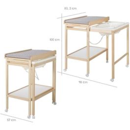 Roba ROB4005317313931 Cambiador con bañera deslizante, colchón hidrófugo estilo Roba Gris, estante de almacenaje, madera natural