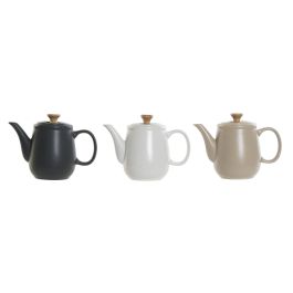 DKD Home Decor Tetera Scandi Colección Lianfeng 21 de Gres y Rubberwood 1L Beige Gris Oscuro (Juego de 3) 12x16.5x23 cm. Apta Microondas y Lavavajillas.