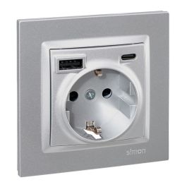 Simon Base Enchufe Schuko + USB A+C 10.5W 16A 250V~ de Empotrar, 1 Toma, Polipropileno Flexible, Aluminio