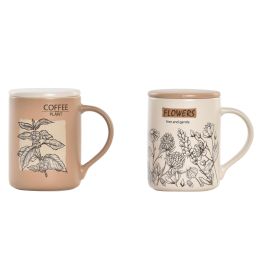 DKD Home Decor Mug Infusiones 420ml Porcelana Beige Marrón Claro Botánico Cottage Apto Microondas Lavavajillas Pack 12 Unidades