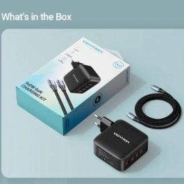 Vention FEIB0-EU Kit Carga Pared GaN 140W con 4 Puertos (3 USB-C, 1 USB-A) Carga Rápida Múltiple + Cable USB-C Negro