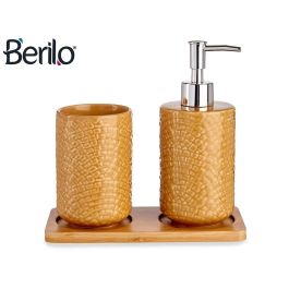 Berilo Set Baño Cerámica 2 Piezas Camel Cuadrado con Bandeja, Gres, Plástico ABS/PP, Bambú, 9x18.5x20 cm (Set de 6)