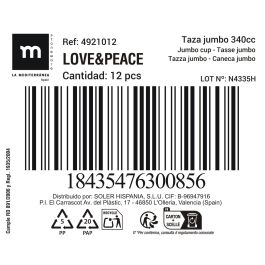 La Mediterranea Taza Jumbo 340 cc "Love&Peace" - 8.5x10.2 cm (36 Unidades) La Mediterranea Taza Jumbo 340 cc "Love&Peace" - 8.5x10.2 cm (36 Unidades)