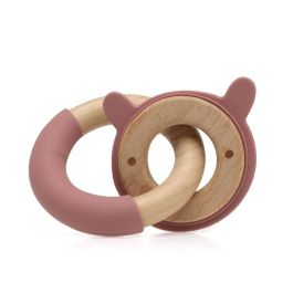 KioKids Mordedor Bebé Madera Haya y Silicona Rosa Conejo +3 Meses. Alivia Dentición y Masajea Encías. Colección Eco-friendly.
