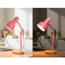 Q-connect Lámpara de Escritorio Orion Metálica con Detalles de Madera, Brazo Flexible, Color Rosa