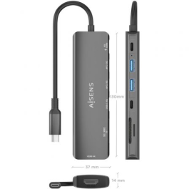 Aisens ASUC-7P026-GR Docking USB Tipo-C 7 en 1 con HDMI 4K, 2xUSB-A, USB-C PD 100W y Lector de Tarjetas SD/Micro SD Gris