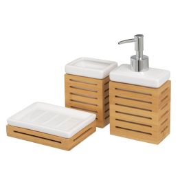 Set de Baño Blanco Natural Cerámica Bambú 25,5 x 7,5 x 23,5 cm 3 Piezas