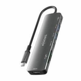 AISENS ASUC-7P026-GR Dock USB-C 7 en 1 Replicador de Puertos para Portátil, HDMI 4K@30Hz, USB-A, USB-C PD 100W, Lector SD/MicroSD Gris