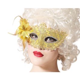 Antifaz Dorado Mascara Veneciana con Flor y Plumas para Fiestas de Gala