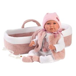 Llorens Muñeca recién nacida llorona Mimi con capazo rosa tacto suave 40 cm cuerpo tela