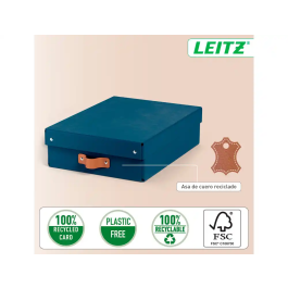 Leitz Caja de Almacenaje Baja de Cartón con Asa de Piel, Azul, Pack de 2 Unidades, 8 Litros
