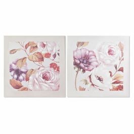 DKD Home Decor Cuadro de Pared Romántico Floral Rosa 70x70 cm Diseño Rosas Lienzo y Madera Abeto (Pack 2)