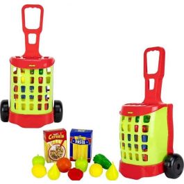 Carro de la compra con cajas de alimentos grandes y frutas.