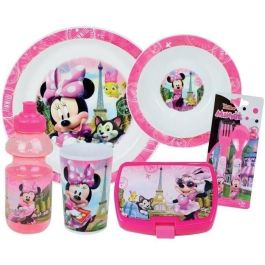 Set de Vajilla Disney Minnie - FUN HOUSE - 006377 - Vidrio, Plato Hondo, Plato Llano, Botella, Caja para Merienda y Cubiertos