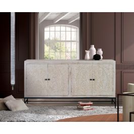 GINER Y COLOMER Aparador Madera de Mango Blanco Envejecido 4 Puertas con Detalles Tallados a Mano