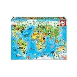Educa Puzzle 150 Piezas Mapamundi de Animales, Juego Educativo para Niños de 6 a 8 Años, Multilingüe (ES/EN)