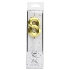 Party Time Vela Aniversario Cifra 8 Oro - Elegante decoración para tu celebración, 3,5x0,7 cm; h.13 cm
