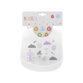 KioKids Babero Silicona Blanco Impermeable con Bolsillo Recogemigas Ajustable +4 Meses