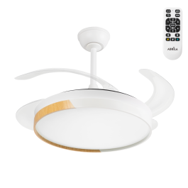 Ventilador Techo LED Blanco/Haya 45W 4400LM CCT DC Ultra Silencioso, Palas Retráctiles, Mando, Verano/Invierno