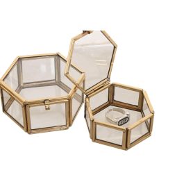 DKD Home Decor Joyero Moderno Dorado Latón Cristal Set de 3 Piezas 7 x 4 x 7 cm