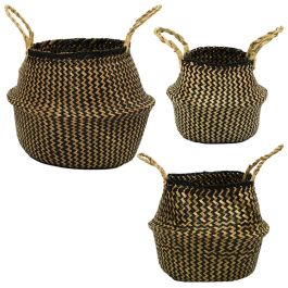 Home Deco Factory Juego De 3 Cestas Thai De Junco Bicolor Con Asas Grande: D.38 Cm; Mediana: D.32 Cm; Pequeña: D.20 Cm