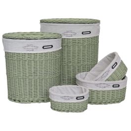 DKD Home Decor Cesta Ropa Basicos Verde Set de 5 Piezas Mimbre y Poliester 37 x 56 x 51 cm