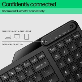 HP Compact Bluetooth keyboard supporting up to three devices, full-size layout, spill-resistant design, long battery life.