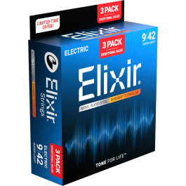 Elixir Pack 3 Cuerdas Guitarra Eléctrica Nanoweb Nickel Plated Steel Super Light 9-42