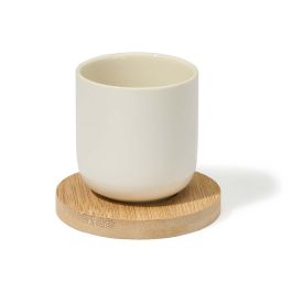 Kinvara Set 4 Vasos Café Cerámica Blanca con Posavasos Bambú 95ml c/u - Apto Lavavajillas/Microondas 28.5x17.5x6.5 cm (12 Unidades)