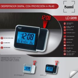 SAMI Despertador con Proyección LCD y Termómetro, Color Plata Oscuro, Funciona a Pilas, Referencia: DESPERTADOR SAMI LCD CON PROYECCION A PILAS/ TERMO. PLATA OSCURO