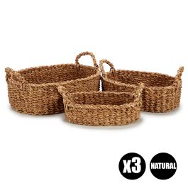 Giftdecor Set 3 Cestos Asa Ovalados Alga de Mar Marron 36x25x22 cm, 33x20x18 cm, 25x16x11 cm