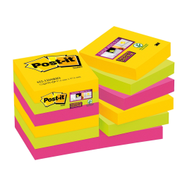 Post-it Bloc de Notas Adhesivas Super Sticky 47,6x47,6 mm con 90 Hojas, Pack de 12 Blocs, Colores Surtidos