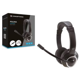 Conceptronic Auriculares con Micrófono Flexible, Jack 3.5 mm, Control de Volumen, Incluye Adaptador 1 a 2, Negro
