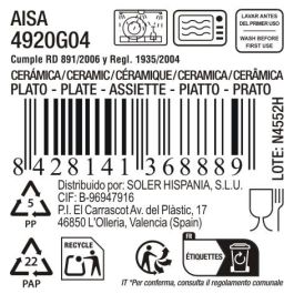 La Mediterranea Plato Pasta o Postre 'Aisa', Diametro 21.5 cm, Material Ceramica, Profundidad 1.5 cm, Peso 12.10 kg por Caja (24 Unidades)