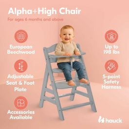 HAUCK Alpha + Silla alta de madera escalable para bebé - Asiento y reposapiés ajustables, arnés 5 puntos, gris