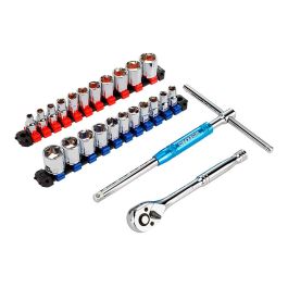 Workpro Juego de Llave de Carraca y Vasos 3/8" Pulg, 24 Piezas, Métrico-SAE, Acero Cromo Vanadio, Acabado Brillante