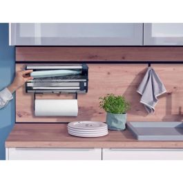Leifheit 25793 Dispensador de pared Parat Royal 3 en 1 para toallas de papel, film y aluminio, cuchillas y freno, acero inoxidable