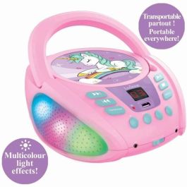 Lexibook Reproductor CD Portátil Unicornio Bluetooth 5.0 con Luz Multicolor, USB, Aux y Función Karaoke para Niños